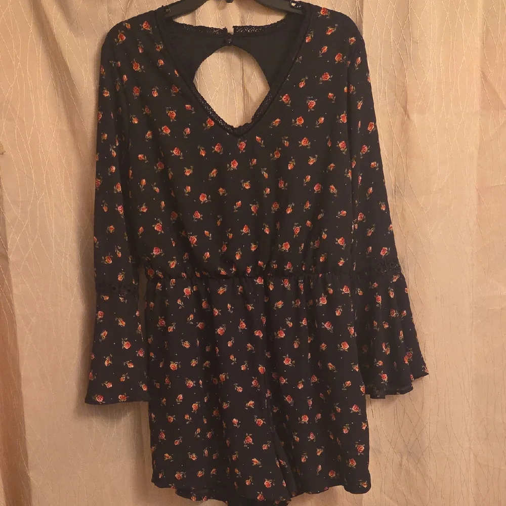 Disney Princess Black Floral Romper with‎ Red and Pink Accents